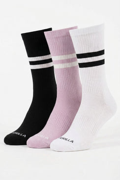 Gorilla Striped Crew Socks — Black / Dusty Pink / White 3-Pack